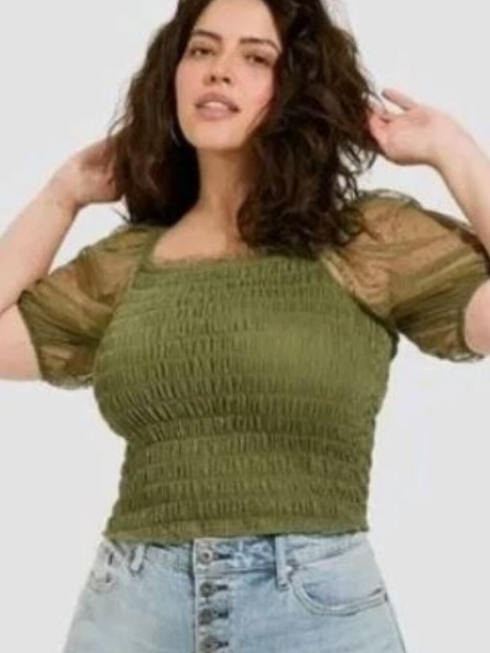 Torrid Dot Mesh Square Neck Smocked Top in Olive Green Plus  Size 3X (22-24)
